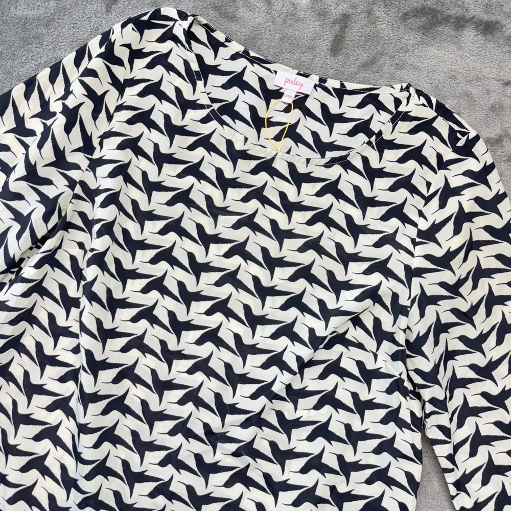 Pixley Womens Blouse Top Size S Black White Bird Print 3/4 Sleeve‎ Career Casual